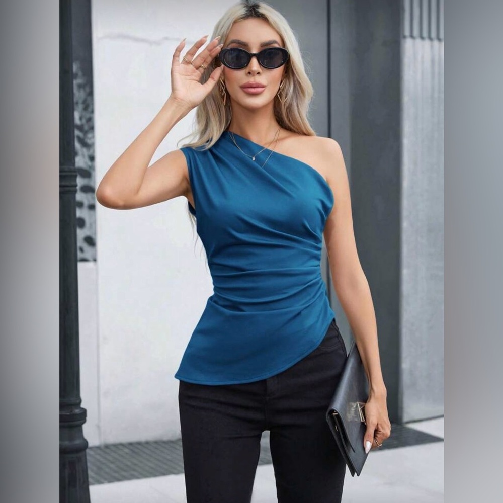 SHEIN Teal One-Shoulder Blouse
